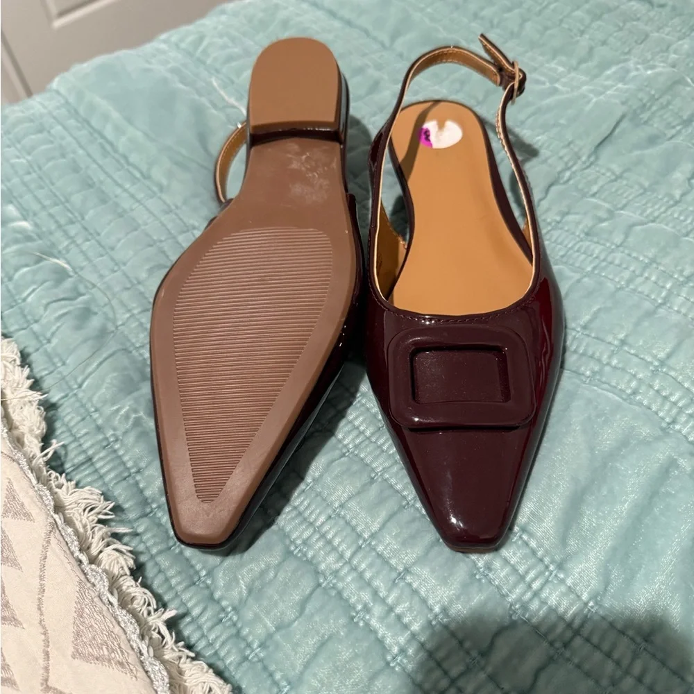 Kensie Burgundy Patent Pointed Slingback Flats with Buckle